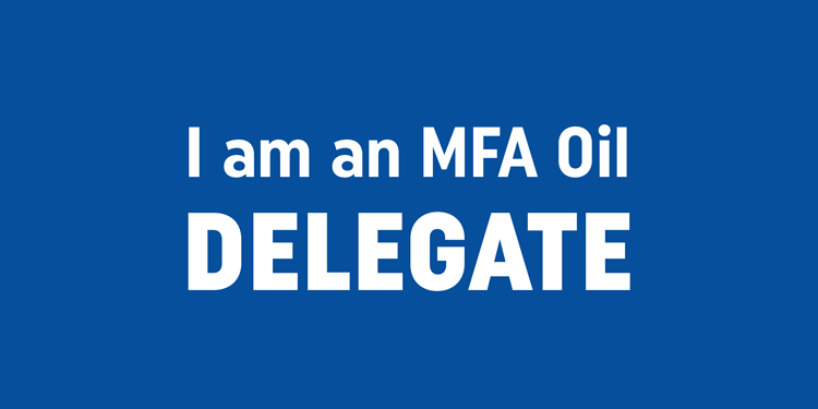 White text on a blue background reads, I am an MFA Oil DELEGATE, with DELEGATE in bold, capital letters.