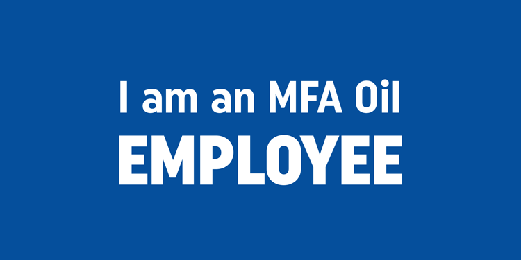 White text on a blue background reads, I am an MFA Oil EMPLOYEE, with EMPLOYEE in bold and larger font.