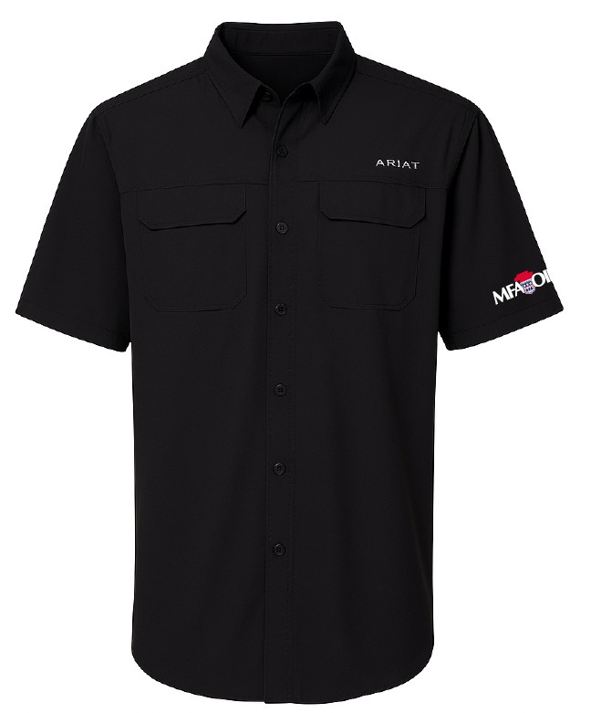 A black, short-sleeve button-up shirt with two chest pockets. ARIAT is embroidered on the left chest, and MFA Oil with a red drop logo is on the left sleeve.