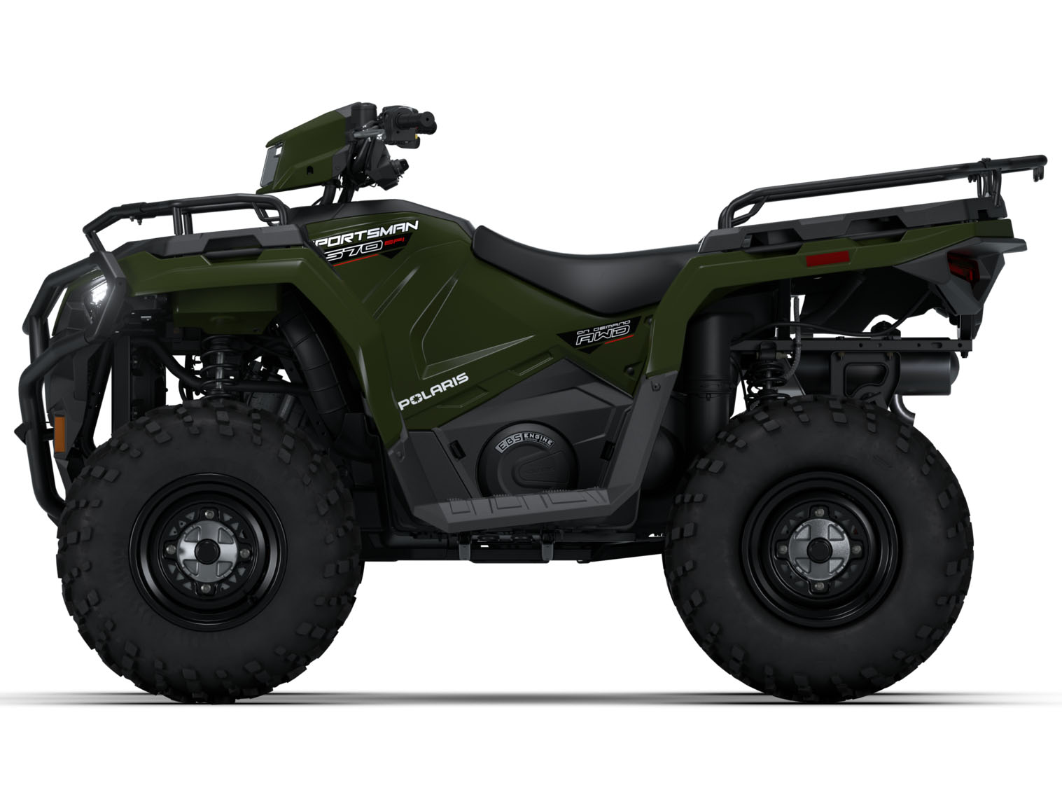 A green Polaris Sportsman 570 all-terrain vehicle (ATV) is shown in profile view, featuring rugged tires, a front grille, and black metal racks on both the front and rear.