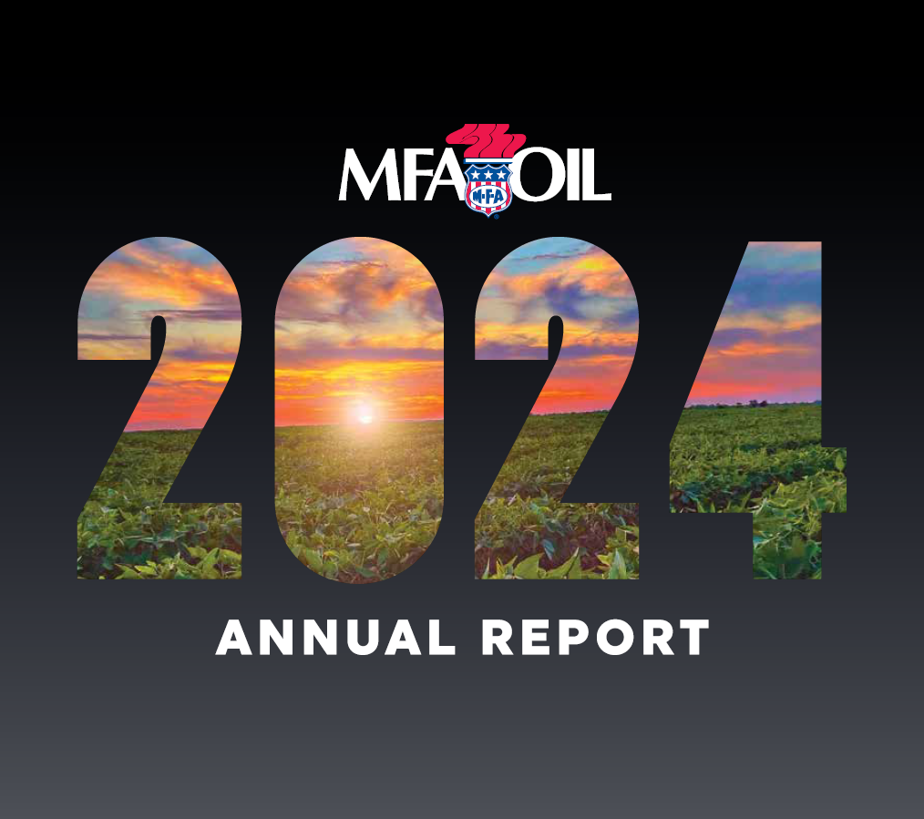 Large numbers 2024 with a sunset over a green field inside the numbers. The MFA Oil logo appears above, and Annual Report is written below on a black gradient background.