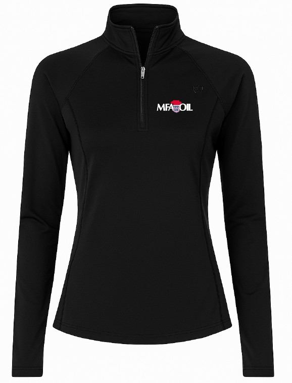 A black long-sleeve womens quarter-zip pullover with the MFA Oil logo in white, red, and blue on the left chest. The pullover has a high collar and a fitted design.